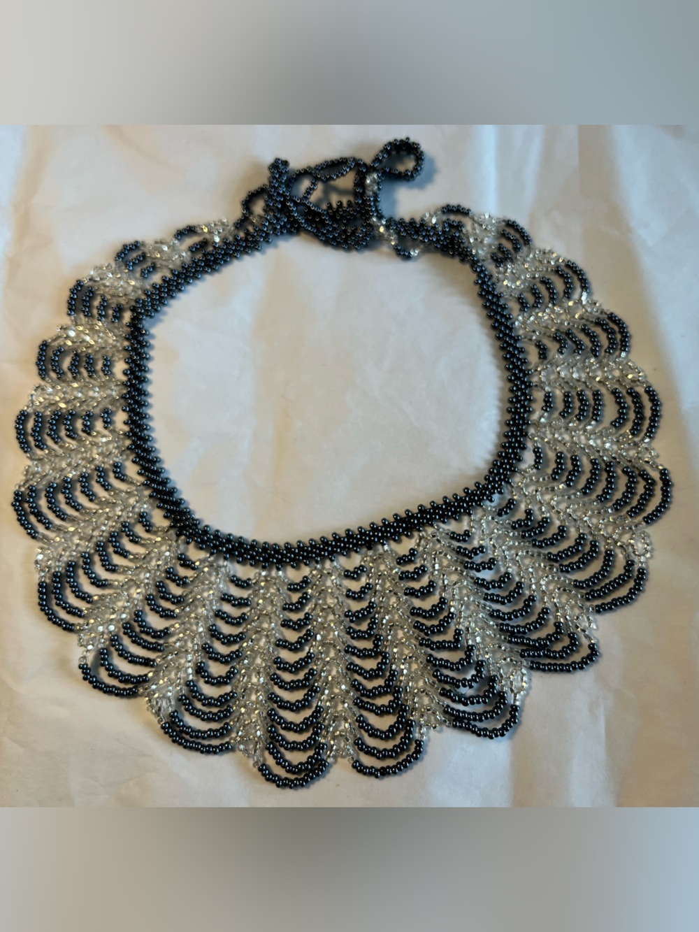 Handmade Navy Blue and Silver Beaded Statement Necklace